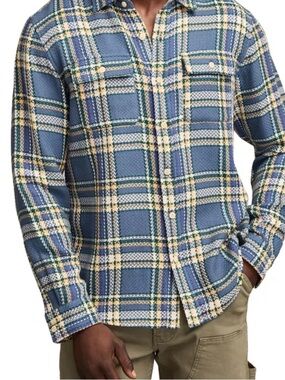 Lucky Brand Navy Blue Plaid Button-Down Shirt with Yellow Accents